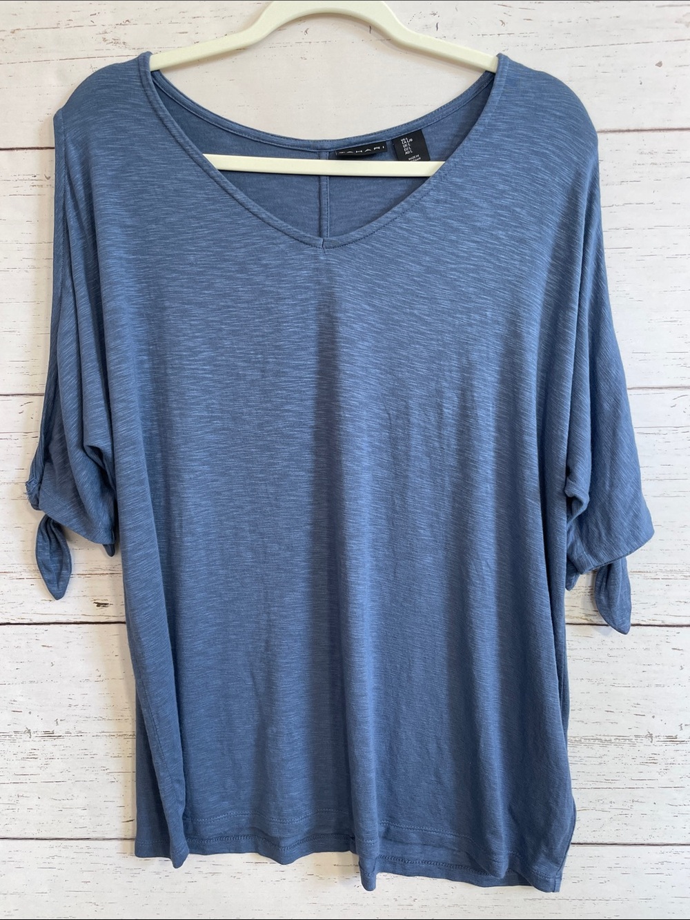 Tahari Slate Blue V-Neck 3/4 Sleeve Top with Open/Tied  Sleeves, size L, NWOT